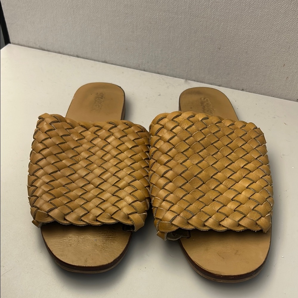 St. Agni Woven Leather Slides in Tan